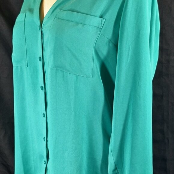Express Portofino Shirt Women’s Large Long Sleeve Roll Tab Blouse Bright Green - Picture 2 of 4